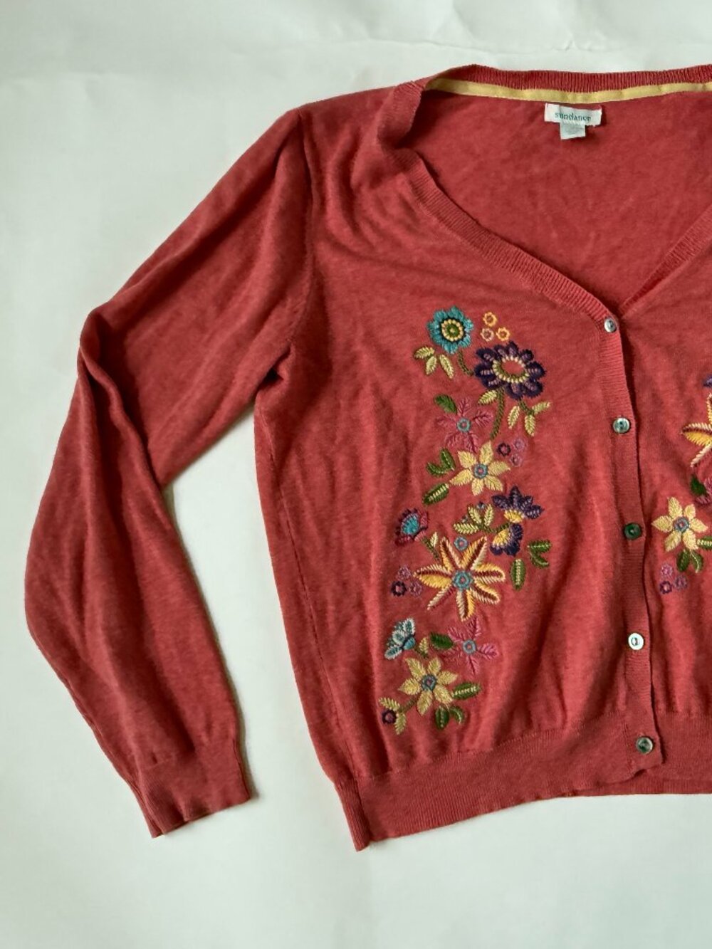 Sundance Womens L Embroidered Cardigan Sweater Floral Salmon pink Button Front - Picture 2 of 7